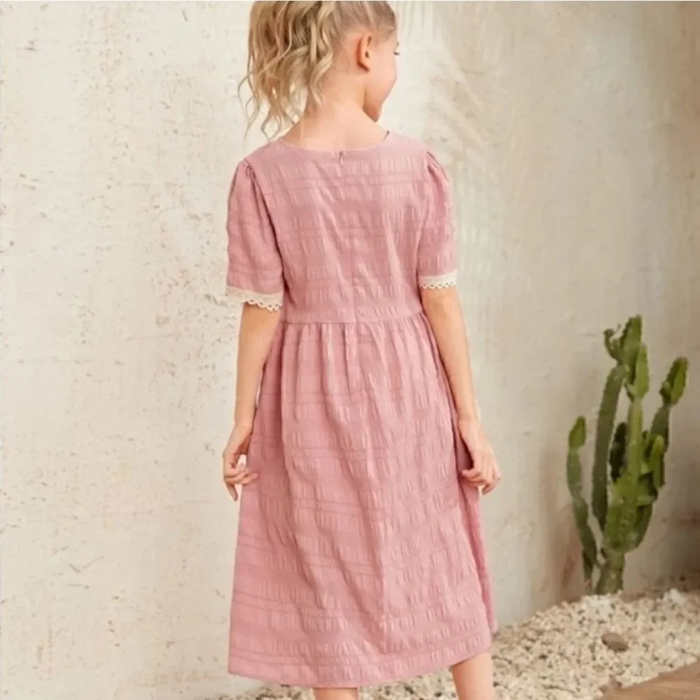 Pink Textured 3/4 Sleeve Long Summer Dress